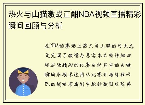 热火与山猫激战正酣NBA视频直播精彩瞬间回顾与分析